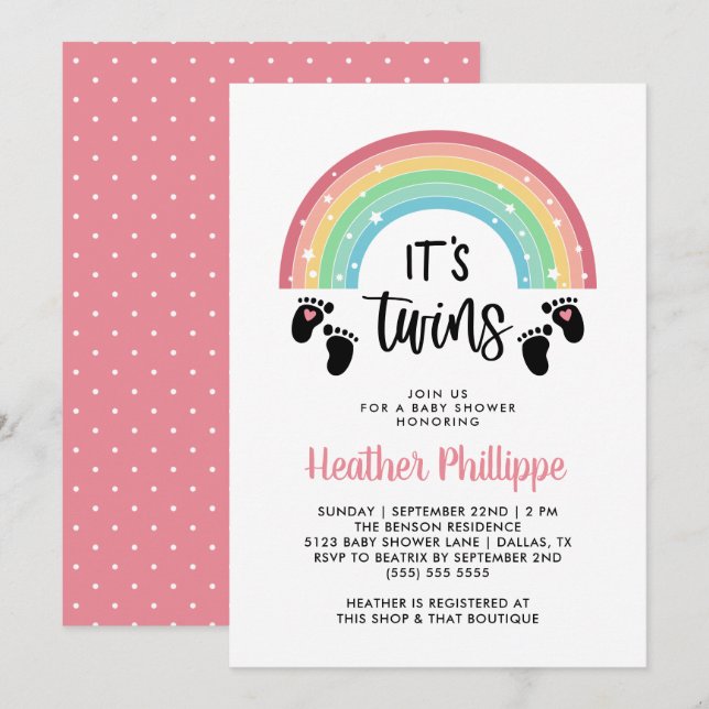 Invitación Huellas del Chica arcoiris mellizas Baby Shower (Anverso / Reverso)