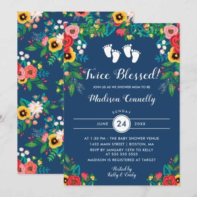 Invitación Huellas gemelas de la gente de Boho Baby Shower (Anverso / Reverso)