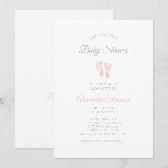 Invitación Huellas nítidas de Baby Shower de Chica simple (Anverso / Reverso)