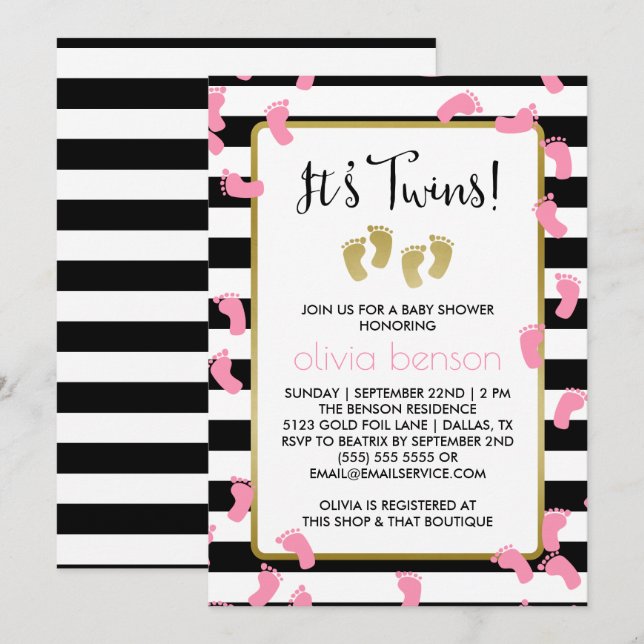 Invitación Huellas rosadas Baby Shower de mellizos negros y d (Anverso / Reverso)