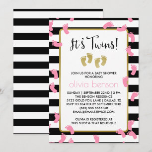 Invitación Huellas rosadas Baby Shower de mellizos negros y d