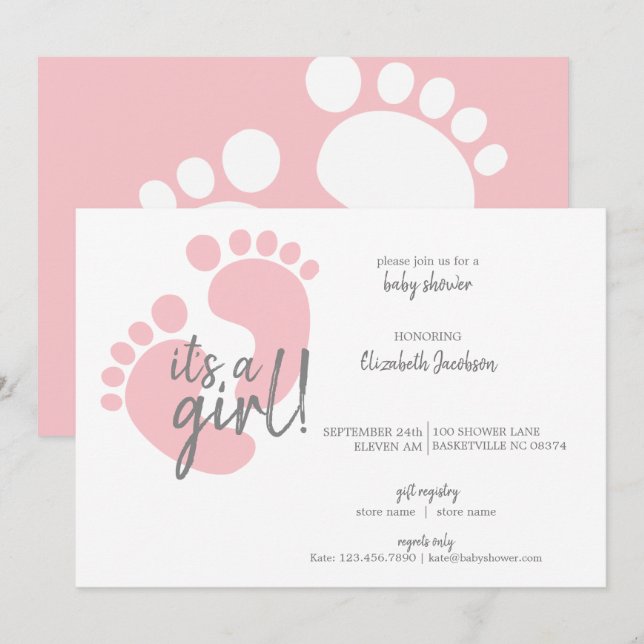 Invitación Huellas rosas cortas es un Baby Shower Chica (Anverso / Reverso)