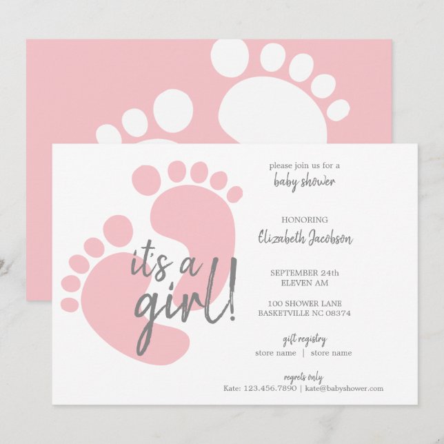 Invitación Huellas rosas cortas es un Baby Shower Chica (Anverso / Reverso)