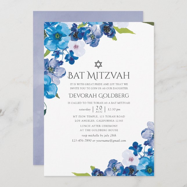 Invitación Hues de Blue Floral Bat Mitzvah (Anverso / Reverso)
