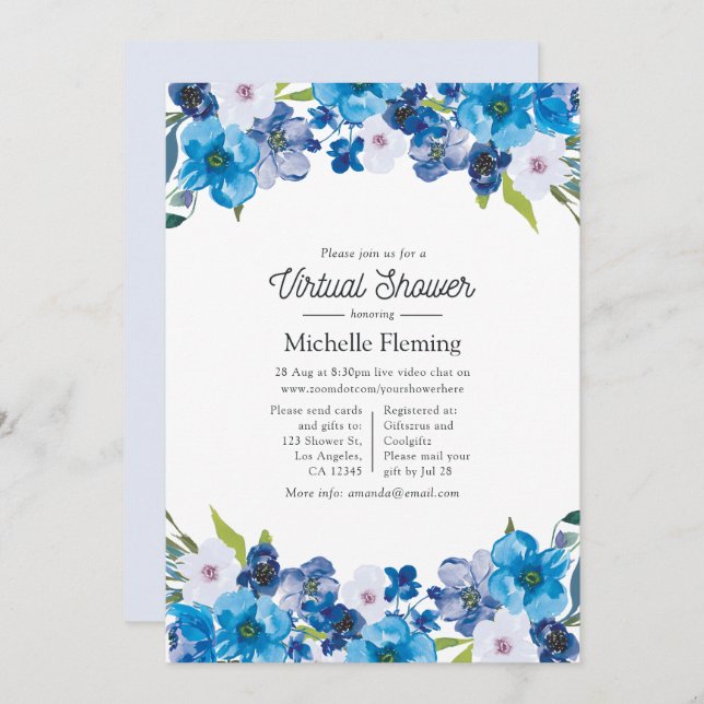 Invitación Hues de Blue Floral Virtual Shower (Anverso / Reverso)