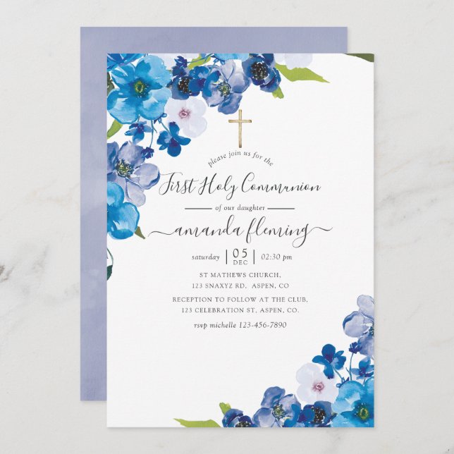 Invitación Hues de la Primera Comunión Santa Floral Azul (Anverso / Reverso)
