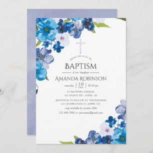 Invitación Hues Pastel de Bautismo Floral Azul o Cristalizaci
