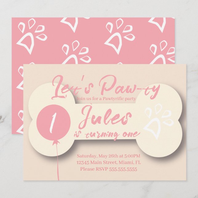Invitación Hueso de perro de cumpleaños simple Paw-ty Fiesta  (Anverso / Reverso)