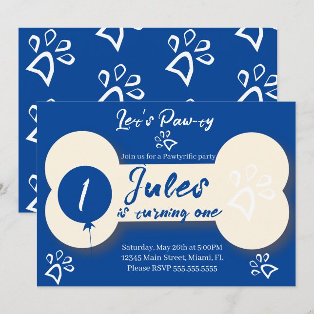 Invitación Hueso de perro de cumpleaños simple Paw-ty Fiesta  (Anverso / Reverso)