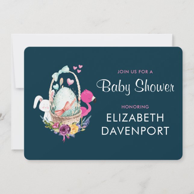 Invitación Huevo de Baby Shower con Flamingo y Bunny (Anverso)