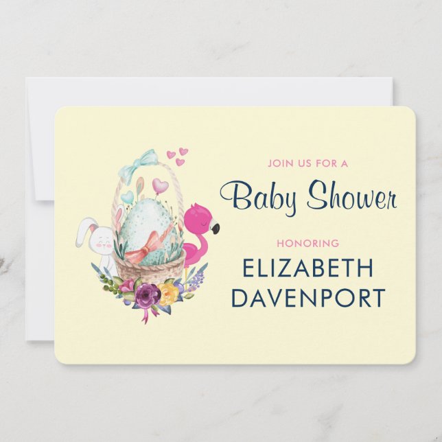 Invitación Huevo de Baby Shower con Flamingo y Bunny (Anverso)