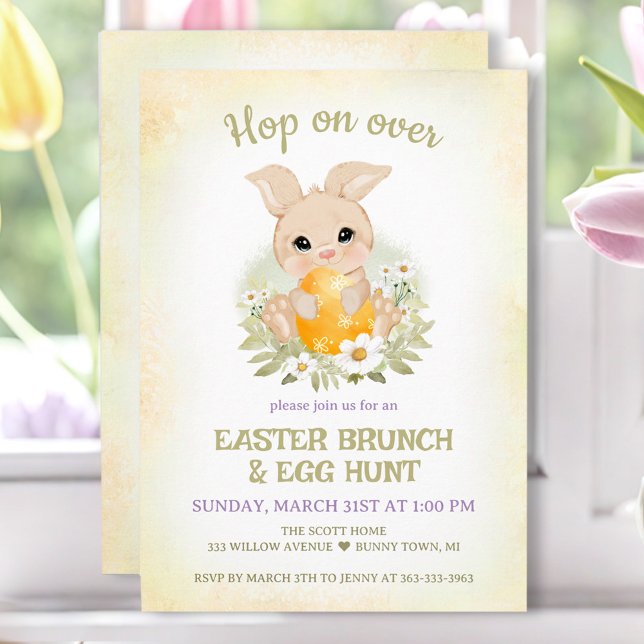 Invitación Huevo de Brunch de Pascua Caza Conejo Amarillo (Easter Brunch Egg Hunt Yellow Cute Bunny Invitation)