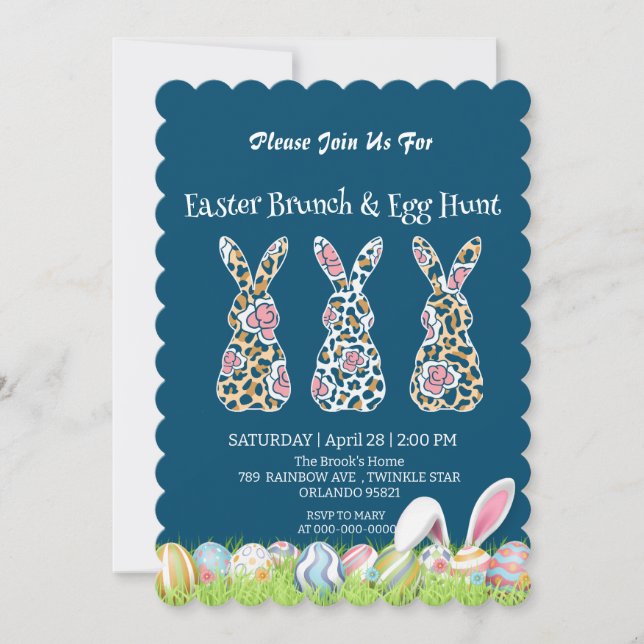 Invitación Huevo de caza de conejo Cute Leopard Feliz Fiesta  (Anverso)