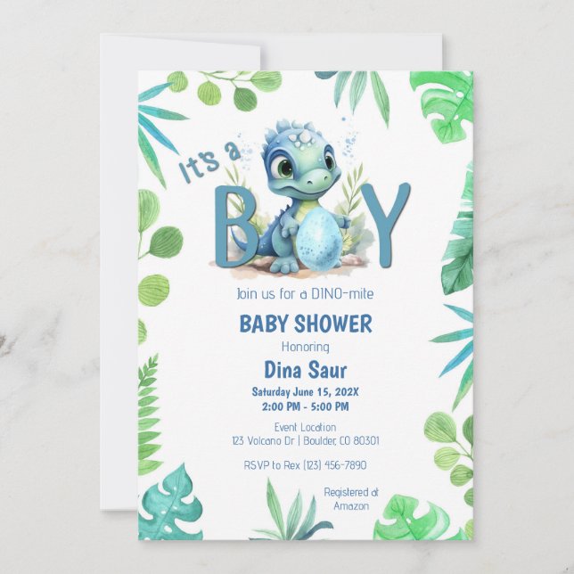 Invitación Huevo de dinosaurio bebé Baby Shower verde y azul (Anverso)