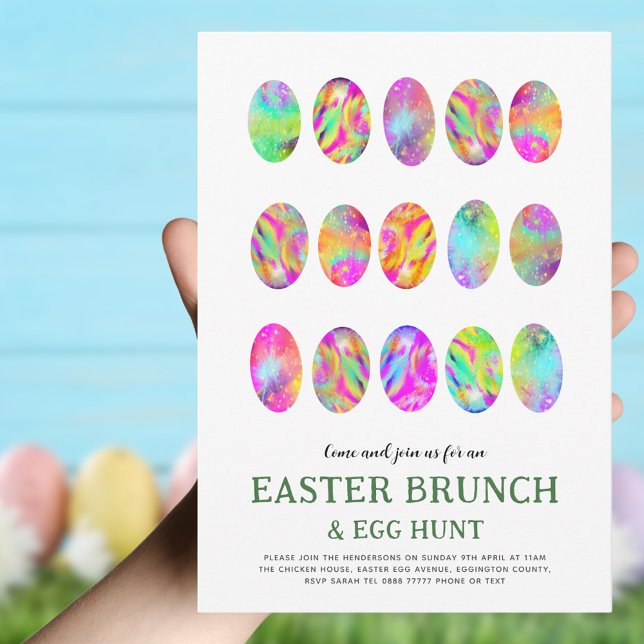 Invitación Huevo de Pascua Caza Brunch Watercolor moderno (Trendy Easter brunch and egg hunt invitation colorful arty Easter egg pattern)