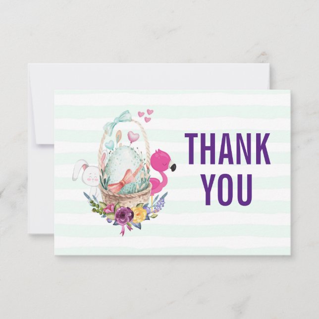 Invitación Huevo en una cesta con Flamingo y Bunny Gracias (Anverso)