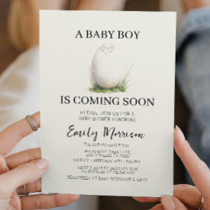 Invitación Huevo sin incubar y niño pequeño viene Baby Shower