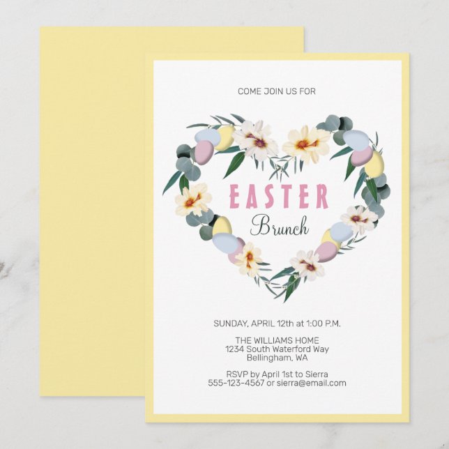 Invitación Huevos Amarillos de Pascua Flores Corazón Brunch (Anverso / Reverso)