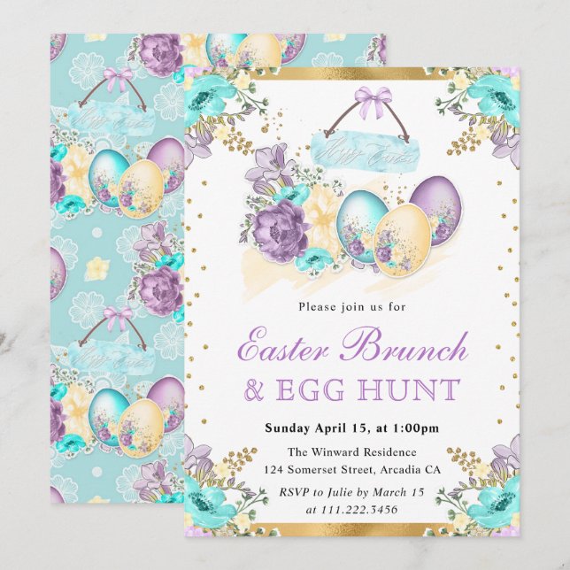 Invitación Huevos de Chocolate Floral con Acuarela Brunch de  (Anverso / Reverso)