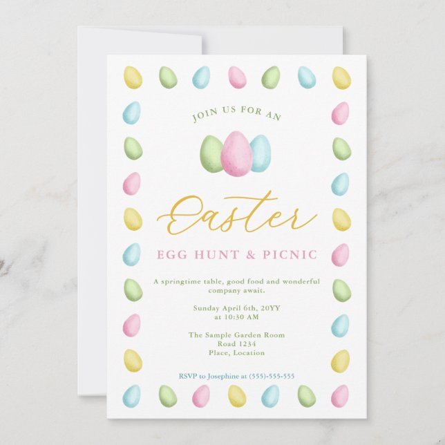 Invitación Huevos de Pascua Acuarela Pastel Pícnic de Pascua (Anverso)