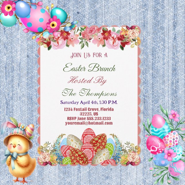 Invitación Huevos decorativos de Brunch de Pascua Floral Cute (Easter Brunch Decorative Eggs Floral Greenery Cute Invitation)