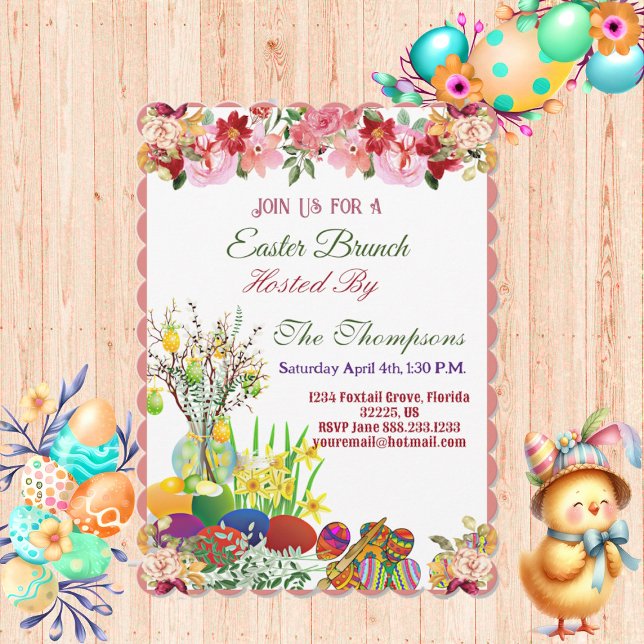 Invitación Huevos decorativos de Brunch de Pascua Floral de á (Easter Brunch Decorative Eggs Hanging Tree Floral Invitation)