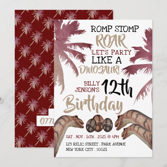Invitación Huevos Dinos, fiesta de cumpleaños de los dinosaur (Anverso / Reverso)