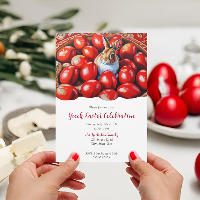 Invitación Huevos Rojos Tradicionales Con Conejo (Greek Easter invitation featuring red eggs and a cheerful bunny.)
