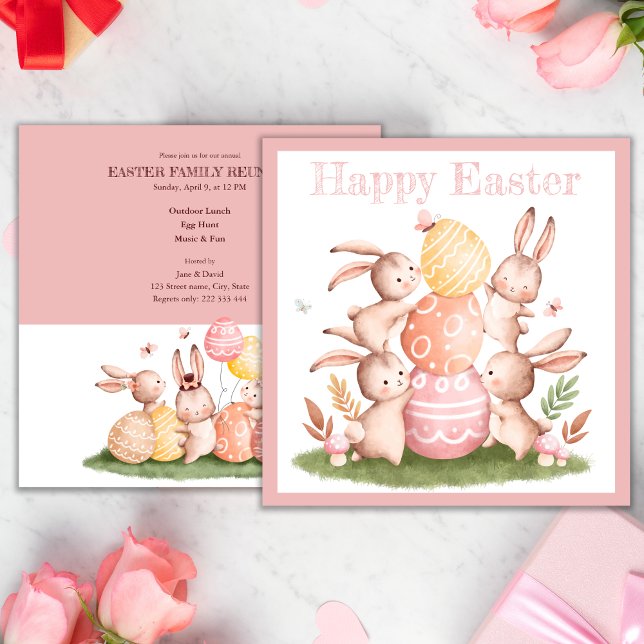 Invitación Huevos rosados y bonitos conejitos de la cena fami (Subido por el creador)