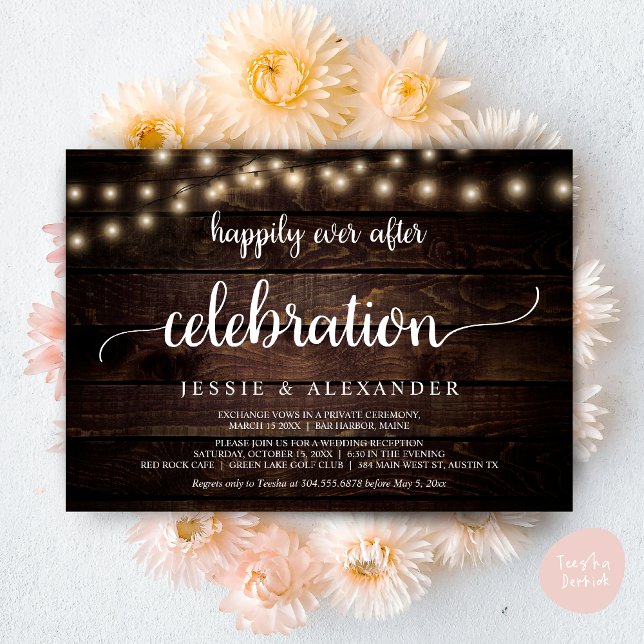 Invitación Huida de boda, Celebración Felices por Siempre (Wedding Elopement, Happily Ever After Celebration Invitation Card, PDF, String Lights, Dark Wood)
