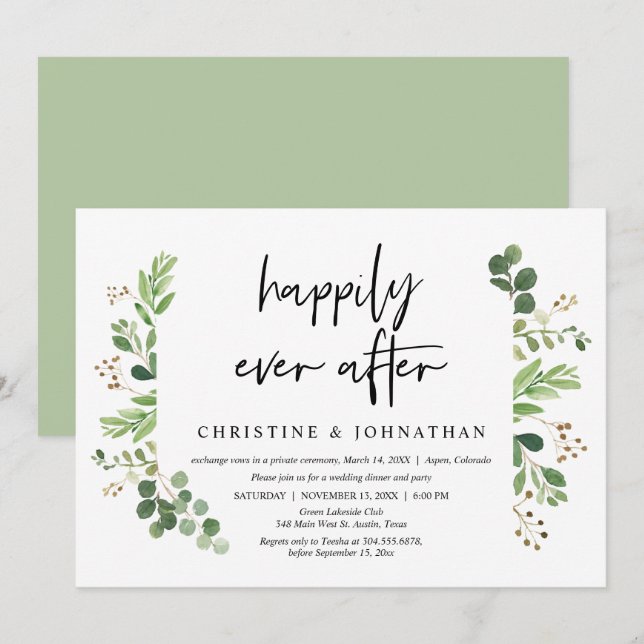 Invitación Huida de Boda, Cena Feliz para Siempre (Anverso / Reverso)