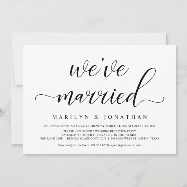 Invitación Huida de boda, fiesta de recepción elegante (Anverso)