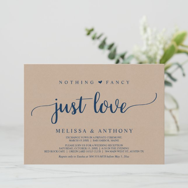 Invitación Huida de boda, Nada elegante solo amor, kraft  (Anverso de pie)