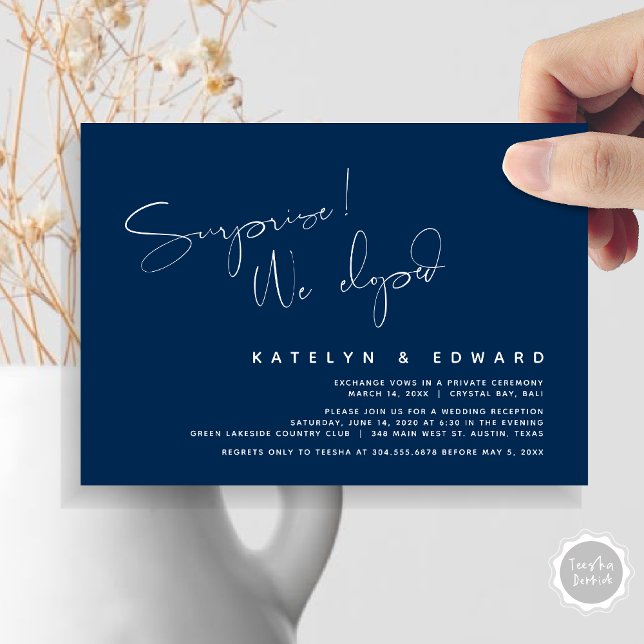 Invitación Huida de la Boda Moderna, Sorpresa, nos escapamos (Modern Wedding Elopement, Surprise, we eloped, dinner Invitation Card, PDF, in Navy Blue)