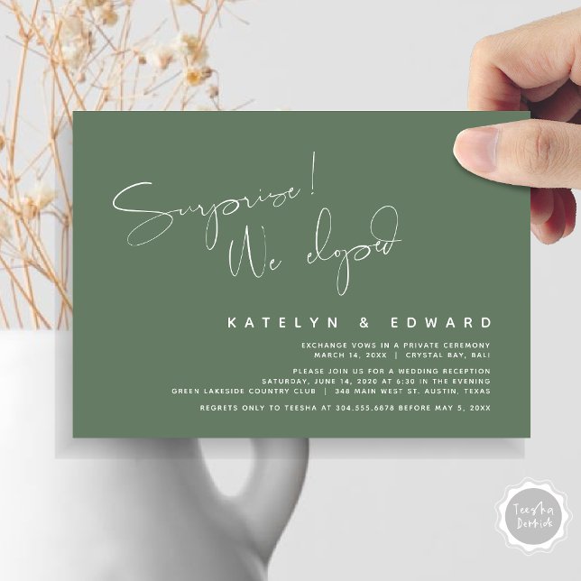 Invitación Huida de la Boda Moderna, Sorpresa, nos escapamos (Modern Wedding Elopement, Surprise, we eloped, dinner Invitation Card, PDF, in Forest Sage Green)