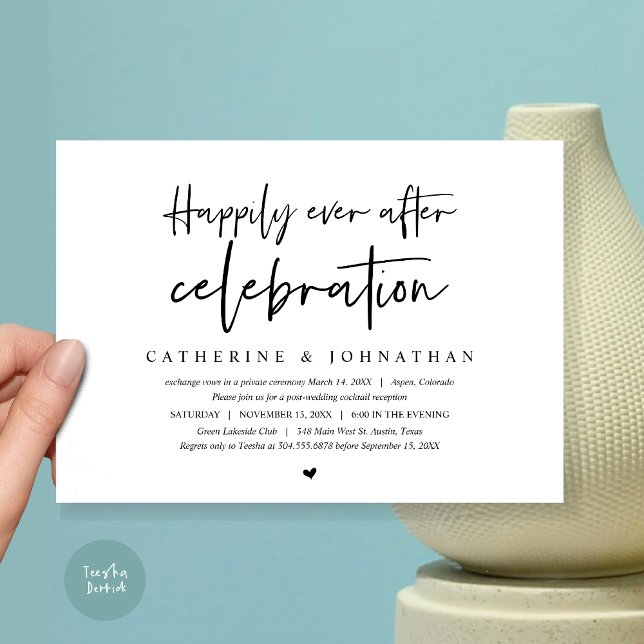 Invitación Huida de novios, celebración Felices para siempre (Happily Ever After Celebration Dinner or Lunch or brunch Invitation Card, PDF, in Black and White)