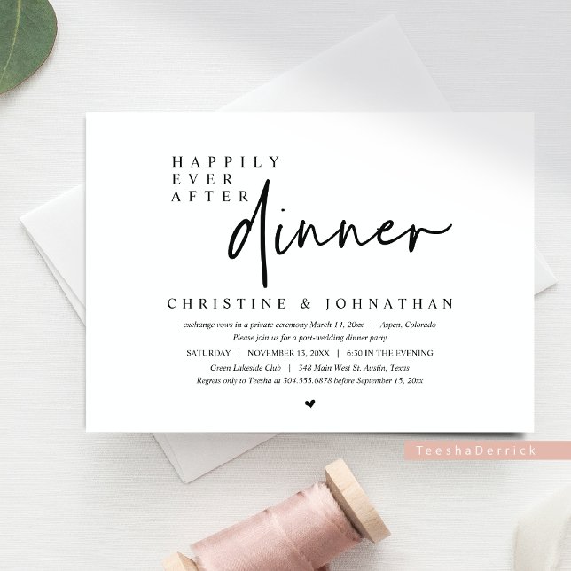 Invitación Huida de novios, cena de 'felices para siempre' (Wedding Elopement, Happily Ever After Dinner Party and Dancing Invitation Card in Black and White.)