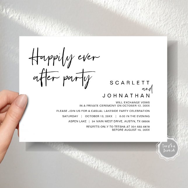 Invitación Huida de novios, fiesta de feliz para siempre (Wedding Elopement, Happily Ever After Party Invitation Card, Printed file, Modern minimalist script)