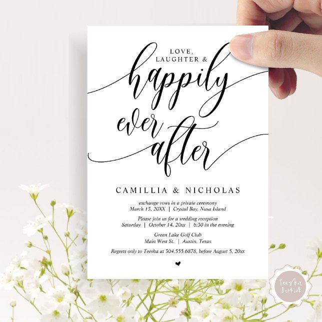 Invitación Huida de Novios, Fiesta Felices para Siempre (Wedding Elopement, Happily Ever After Party Invitation Card, PDF, Black White)