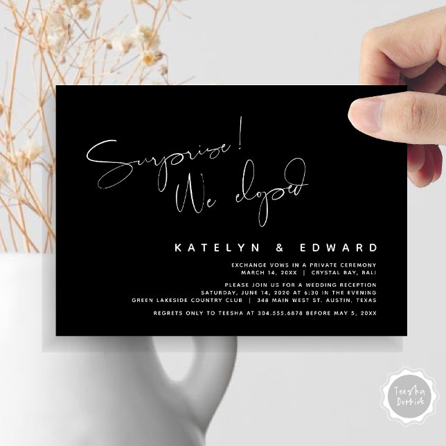 Invitación Huida de novios moderna, Sorpresa, nos escapamos (Modern Wedding Elopement, Surprise, we eloped, dinner Invitation Card, PDF, in Black and White)