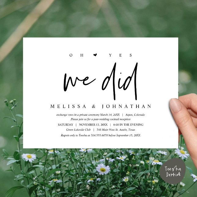 Invitación Huida de novios, oh sí que lo hicimos (Oh yes we did, Modern Wedding Elopement Dinner Party Invitation Card, PDF, White Black)