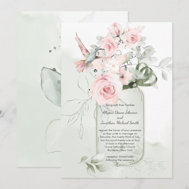 Invitación Hummer Mason Jar, Rosas verdes de la franja rosada (Anverso / Reverso)