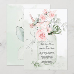 Invitación Hummer Mason Jar, Rosas verdes de la franja rosada