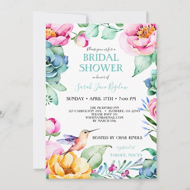 Invitación Hummingbird Boho Bridal Shower (Anverso)