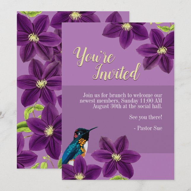 Invitación Hummingbird bonito Purple Clematis Floral (Anverso / Reverso)