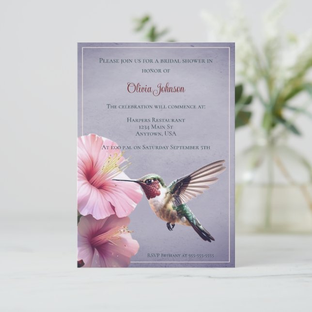 Invitación Hummingbird e Hibiscus Bridal Shower | Morado (Anverso de pie)