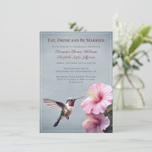 Invitación Hummingbird e Hibiscus | Cena de ensayo azul (Anverso de pie)