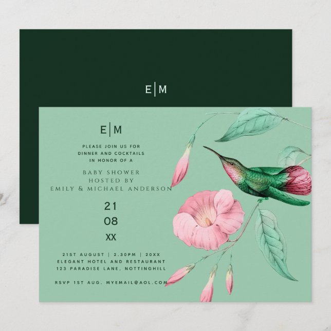 Invitación Hummingbird Floral Baby Couples Ducha Moderna (Anverso / Reverso)