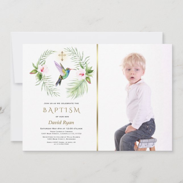 Invitación Hummingbird Floral Boy Photo Gold Baptism (Anverso)