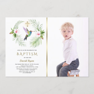 Invitación Hummingbird Floral Boy Photo Gold Baptism